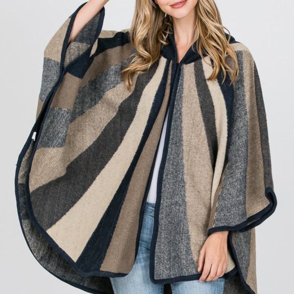 Sunburst Swing Striped Poncho Boho Hooded Jacket - Picture 12 of 12
